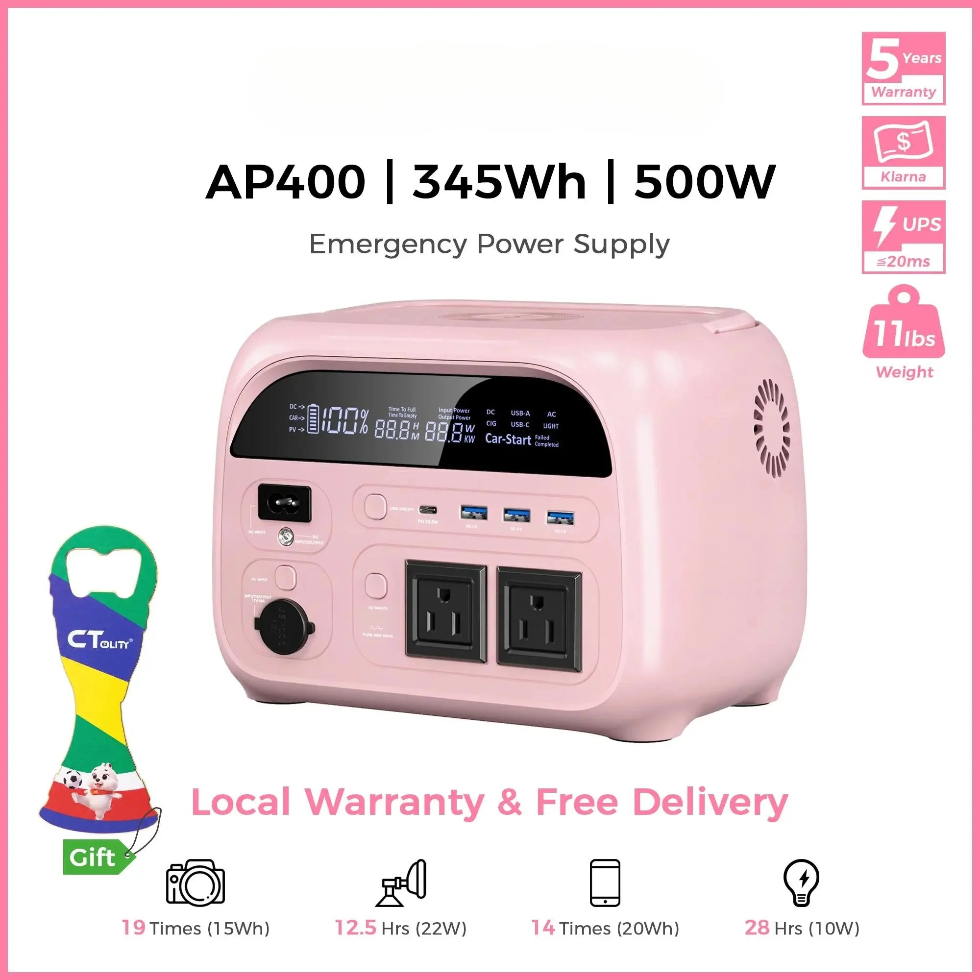 CTOLITY AP400 500W/346Wh Portable Power Station – Fast-Charging Solar Generator for Camping & Emergencies